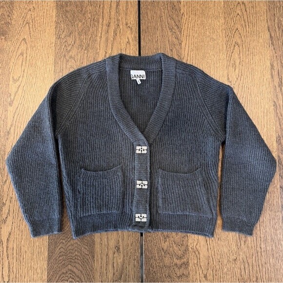 GANNI Wool Knit Cardigan Rhinestone Buttons Women’s Size M Gray V Neck Pockets - Picture 1 of 16